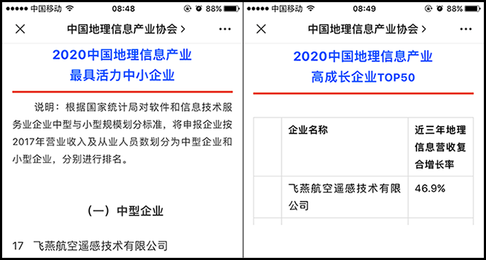 喜訊丨飛燕遙感榮獲2020中國地理信息產(chǎn)業(yè)最具活力中型企業(yè)榮譽稱號，榮耀入選2020中國地理信息產(chǎn)業(yè)高成長企業(yè)TOP50！